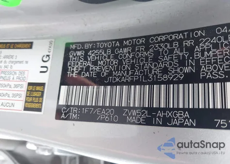 2020 Toyota Prius Prime Xle из США, поврежденный, VIN JTDKARFP1L3158929